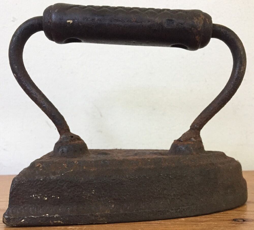 Vtg 1900s Antique Cast Sad Iron Solid Metal with Handle Primitive Rusty Doorstop